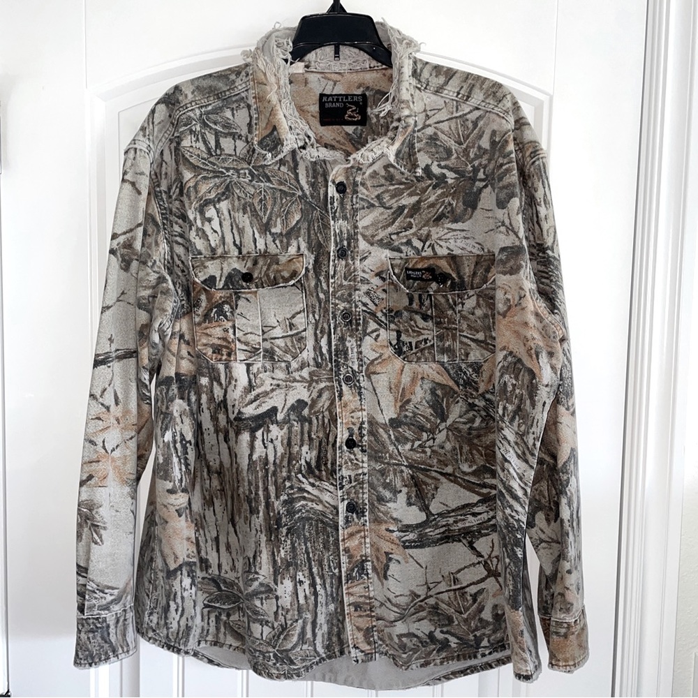 Rattlers Brand Real Tree Mens Sz L Vtg Camouflage Button Up Long Sleeve Hunting